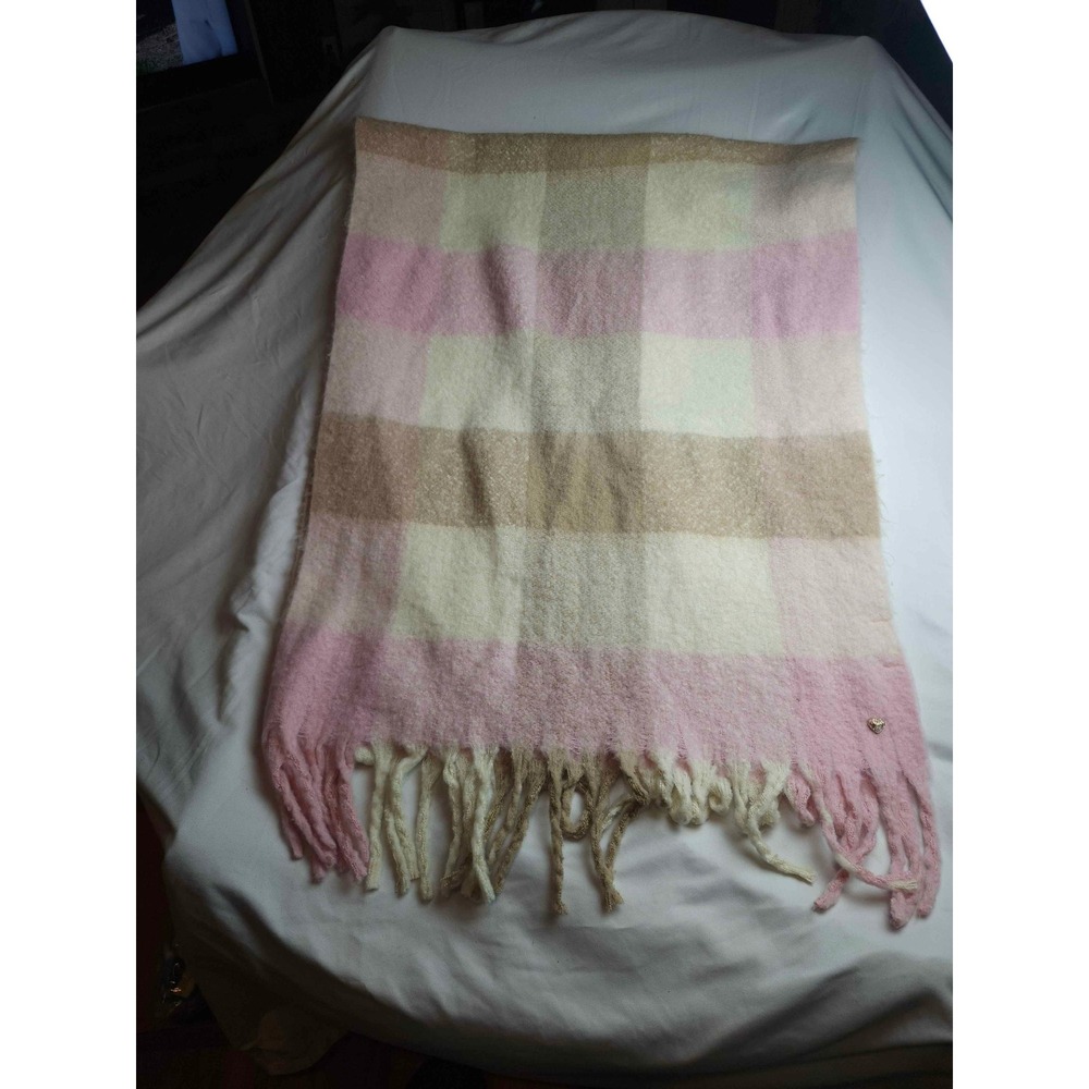Juicy Couture Pink Plaid Oversized Blanket Scarf Fringe Rhinestone Heart Logo